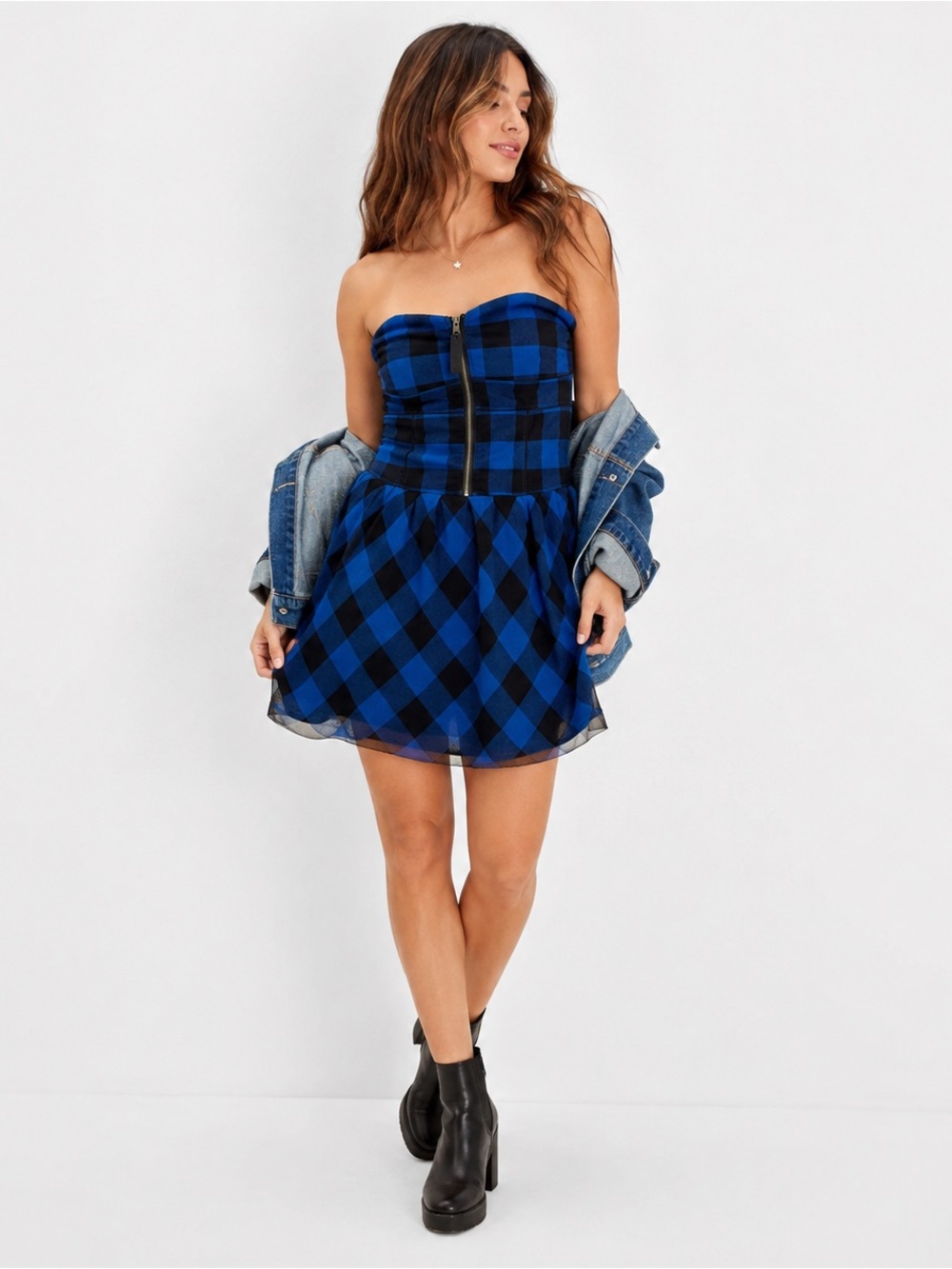 American Eagle Strapless Plaid Dress Women's Size 6 Blue Black Fit Flare Y2K Min